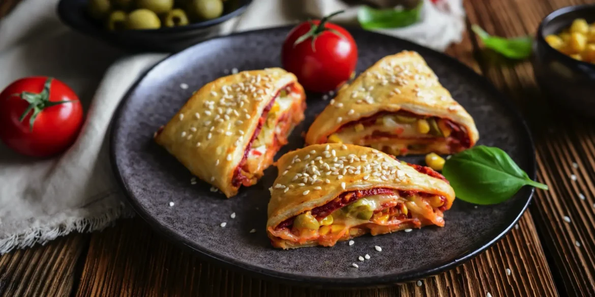 Rolice iz listnatega testa s šunko, koruzo in olivami