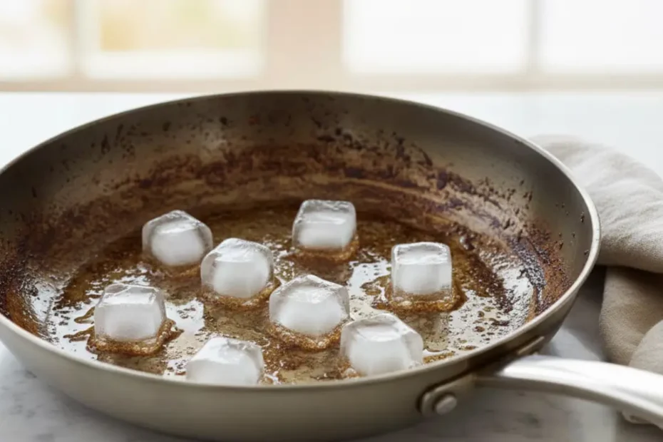 Kako v 5 minutah očistiti najbolj zagorelo ponev ali ploščo na svetu – s trikom z ledom, ki ga boš uporabljala vsak dan in se čudila