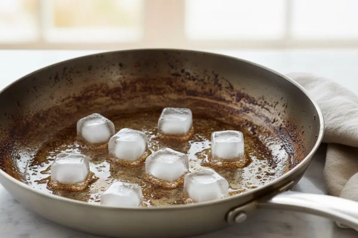 Kako v 5 minutah očistiti najbolj zagorelo ponev ali ploščo na svetu – s trikom z ledom, ki ga boš uporabljala vsak dan in se čudila