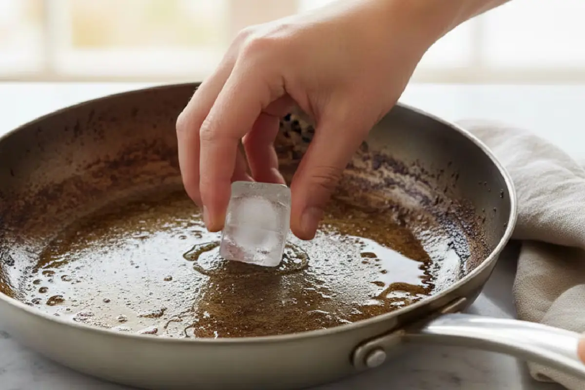 Kako v 5 minutah očistiti najbolj zagorelo ponev ali ploščo na svetu – s trikom z ledom, ki ga boš uporabljala vsak dan in se čudila